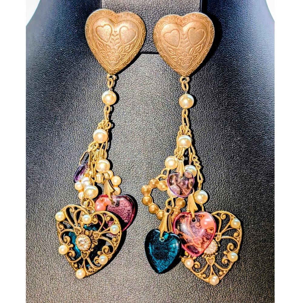 Vintage Heart Charm Faux Pearl Chandelier Dangle Earrings